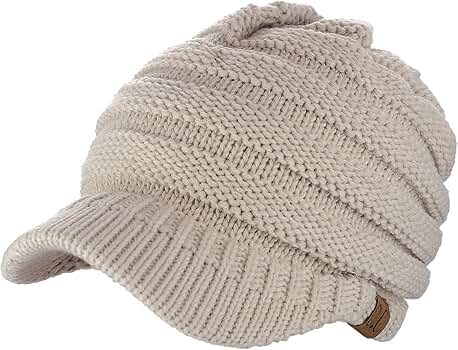 C.C Warm & Thick Cable Knitted Brim Visor Beanie Cap, Beige